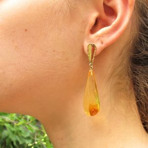 ORECCHINI AMBRA E ORO- Orecchini in ambra baltica e oro giallo- Grandi orecchini in ambra