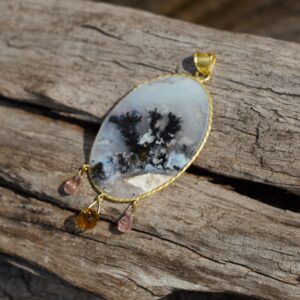 Gold pendant ” AUTUMN POETRY” ITALIAN agate – agate landscape Sardinia- moss agate – dendritic agate