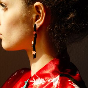 Coral and gold earrings ”HANAMI” – red and pink coral earrings- ebony- yellow gold- Mediterranean coral  – romantic earrings